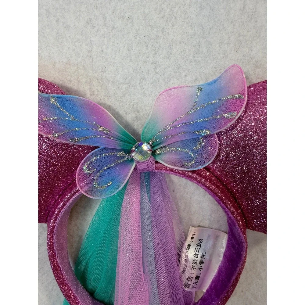 Disney Parks Minnie Mouse Pink Glitter Butterfly Fairy Ear Headband with Veil